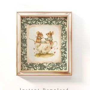 Arte de la guardería de ratones vintage, arte de la pared de la niña, arte de la pared de la guardería, arte de la pared del niño, decoración de la habitación neutral del bebé, decoración de la pared del bebé, cabaña inglesa