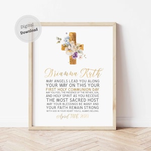 Holly première communion carte fille communion cadeau imprimable personnalisé signe décoration citation croix fleur sauvage bébé nom disant art mural