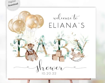 Welcome baby shower sign teddy bear / Download theme bear Editable Printable template / shower Decoration board Digital