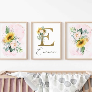 Sunflower Nursery Name Sign Monogram Wall Decor Girl Nursery Wall Print