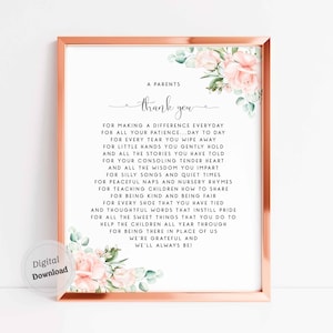 Carta para professores de berçário, presente de fim de ano, agradecimento aos pais, download para impressão, ensino, arte de parede, presente para impressão, poema de agradecimento ao professor