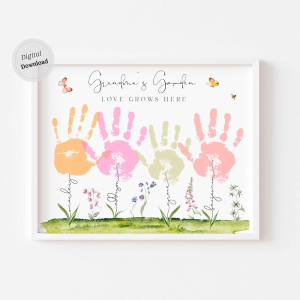 Grandma's Garden Handprint art Personalized Handprint template Mother Day art with kids names printable 4 four  5 five  6 six 7  hands