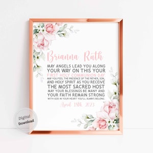 Holly primeira comunhão presente da menina comunhão bênção impressão personalizado sinal imprimível decoração rosas rosa nome do bebê citação arte da parede