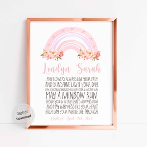 Bautismo regalo niña Bautizo Bebé niña tarjeta imprimible Regalo primera comunión Bendiciones personalizadas imprimir Arco iris floral rosa Signo de las Escrituras