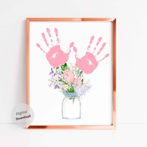 Bloemen handafdruk voor mama oma tante baby handafdruk Art Card Kids peuter twee handen afdrukbare boeket cadeau geheugen voor grootouders