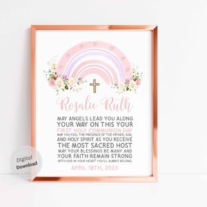 Personalisierte Erstkommunion Mädchen Geschenk Kommunion gebetet Druck Baby Name Segen druckbare Zeichen Dekor Rosa Regenbogen Wildblumen
