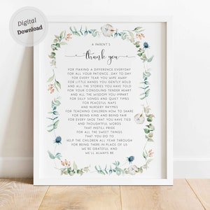 A Padres Gracias Imprimible Descargar Enseñanza Arte de pared Regalo imprimible Carta de agradecimiento del maestro Poema Regalo de fin de año Maestros de guardería