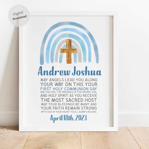 Presente de primeira comunhão para menino, cartão de comunhão para impressão, decoração de batismo personalizada, citação, arco-íris azul, cruz, nome do bebê, dizendo arte de parede