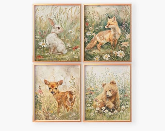 Woodland Nursery Prints: Vintage Animal Gallery Wall Art (Set of 4) (Digital Download)