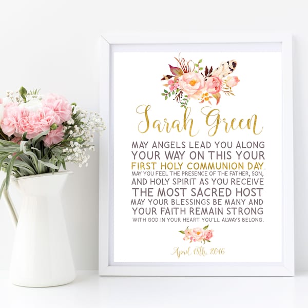 Printable First Holy Communion Girl communion poem sign May angels lead you Gold Communion keepsake sign Blessing Godparents Gift  idb394