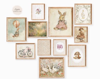 Vintage Nursery Gallery wall art, Girl Pink Beige nursery artwork, Antique Storybook pictures, Set of 11, Cottagecore Decor, Infant room