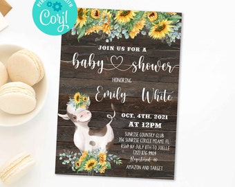 Sunflower Cow Baby Shower Invitation Farm Animal Printable Editable Rustic Country Baby Sprinkle shower invitation Fall Download