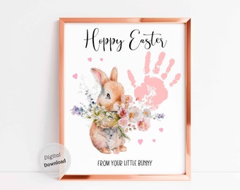 Easter Bunny Handprint printable Spring flowers Handprint art template for Kids Baby Toddler hands craft Memory Keepsake DIY card