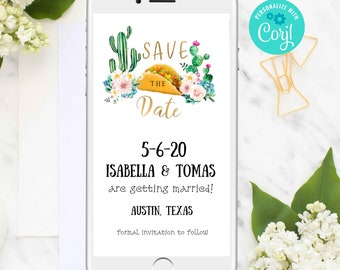 Taco Party Cinco De Mayo wedding Customizable Fiesta Serape and Cactus Printable Taco Bout Love Save the Date announcement