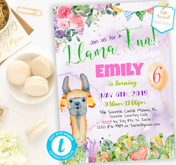 Birthday Llama Party Invitation Self Editable Invitation Etsy