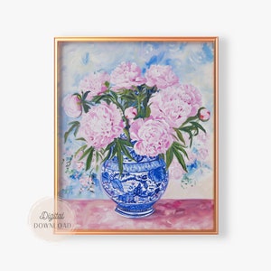 Ingwerglas mit Pfingstrose Plakat, Grand Millennial Ästhetischer Druck, trendige Wandkunst, Chinoiserie Vintage Ölgemälde Großmutter, Preppy Dekor
