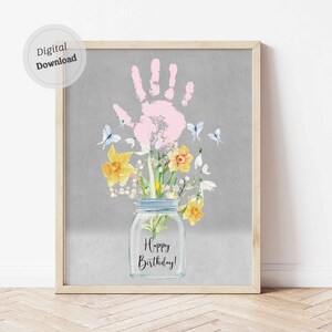 Happy birthday handprint card printable for grandma mom mum nana aunt grandparent craft template bouquet Baby kids toddler Art Gift DIY