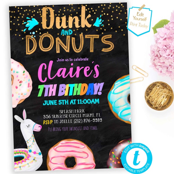 Dunk And Donuts Pool Party Invitation download Donuts and LLama Pool Party Birthday Invite Donuts Pool Party chalkboard Editable Template