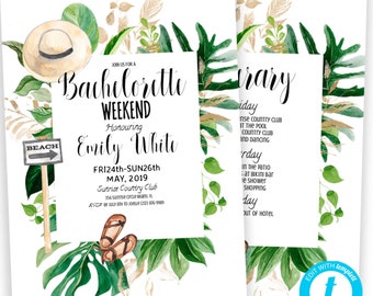 Beach Bachelorette Weekend Invitation template Bachelorette Pool Invite Tropical Hens party Details girls weekend Itinerary Palm Spring