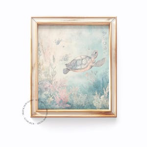 Impresión de arte mural vintage de tortuga marina, arte mural oceánico para habitación infantil, póster costero para habitación infantil, ilustración submarina en colores pastel, ilustraciones de vida marina