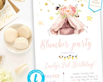Slumber Birthday Party Pajamas party Editable Invitation teepee tent Invitation Sleepover Birthday Invite PDF template glamping Invitation