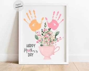Happy Mother's day Grandma Handprint art flowers from baby kids infant toddler printable DIY memory keepsake Gift  template Nana Granny