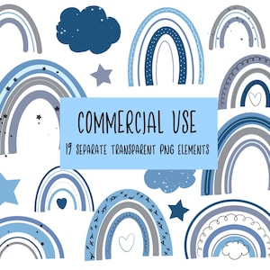 Clipart de arco-íris Pastel azul Conjunto digital de arco-íris moderno Pacote de arco-íris neutro Clip art para bebê menino Arco-íris com nuvens berçário uso comercial