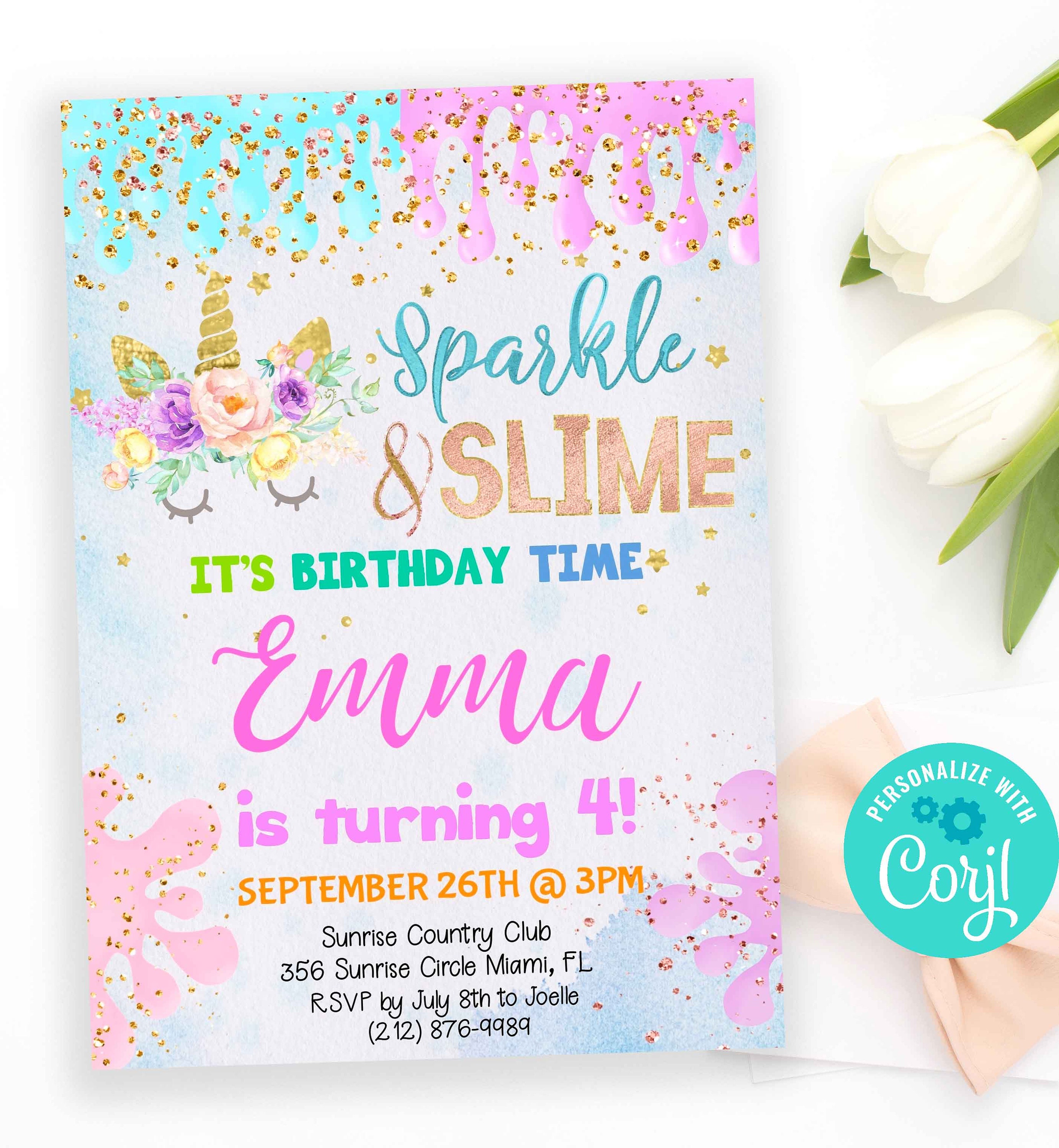 sparkle & slime birthday invitation unicorn slime invitation
