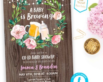 Template Baby is Brewing Baby Shower Invitation download Rustic BBQ Beer Baby Shower Invite Pink Co Ed Baby Shower Editable BabyQ invite