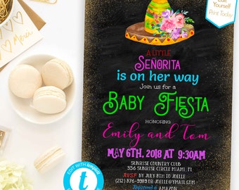 Baby  Fiesta  little Señorita Baby Shower Invitation Co-ed Baby Shower Invite Editable Gold Mexican Digital Download couples baby shower