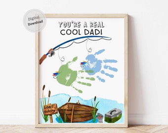 Fish Handprint craft Real Cool Dad Father's day Printable template hands print keepsake download Kids Toddlers Baby Infant Birthday card DIY