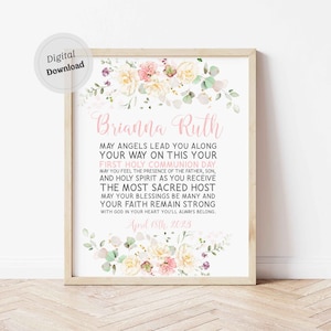 Holly primeira comunhão presente da menina comunhão bênção impressão personalizado sinal imprimível decoração flores silvestres nome do bebê citação arte da parede personalizado