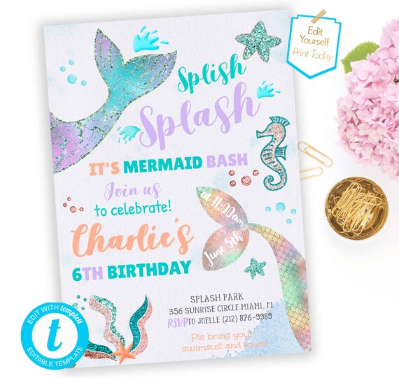 Telecharger Splish Splash Mermaid Birthday Bash Invitation Etsy France