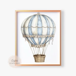 Blue Hot Air Balloon Nursery Art: Vintage Style Kids Room Decor (Digital Download)