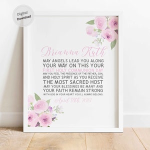 Cadeau de première communion Fille carte de communion imprimable Citation de décoration de baptême personnalisée Roses lilas nom de bébé disant art mural