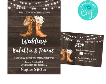 Country Western Wedding Invitation RSVP cards Template Boots Wedding invite Cowboy Boots Invite Rustic Backyard Download Editable