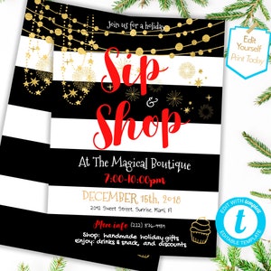 Christmas Business invite Sip and Shop Holiday invite Boutique Invite Ladies' Night Out Company open house shopping flyer template PDF