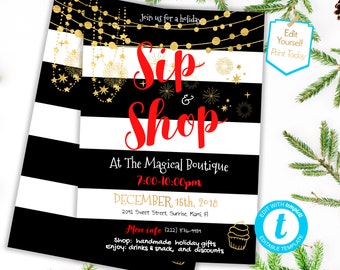 Holiday Boutique shopping flyer Sip and Shop contemporary Christmas Cupcake Company open house Holiday Editable Business invite template PDF