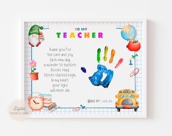 Cadeaux d'empreintes de main pour les enseignants, Merci d'avoir enseigné, Poème de gratitude pour les enseignants, Merci à l'enseignant de la maternelle à la maternelle, L'appréciation de l'enseignante de la garderie,