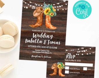 Country Western Sunflower Wedding Invitation RSVP cards Template Boots Wedding invite Cowboy Boots Invite Rustic Backyard Download Editable