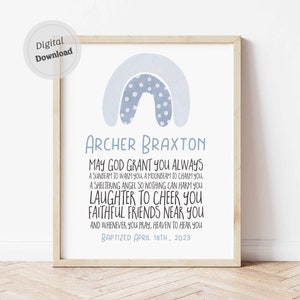 Regalo de bautismo Niño Regalo de primera comunión Tarjeta imprimible Bendiciones personalizadas Estampado Arco iris azul Decoración de bautizo Escritura