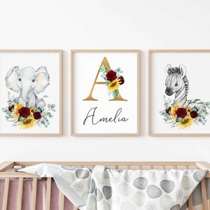 Carta floral impressão de berçário personalizado safari parede arte nome sinal conjunto de 3 rosas de girassol decoração personalizada animais da selva menina monograma impressão