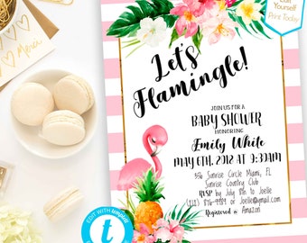 Editable Flamingo Baby Shower Invitation Instant Download Let's Flamingle Baby Shower Luau Tropical Baby Brunch Hawaiian Shower Invitation