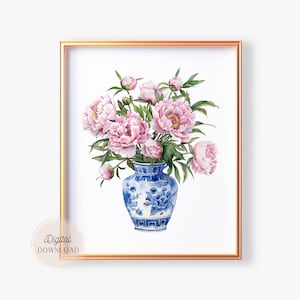 Ingwerglas mit Pfingstrose Poster, Girly Zimmer, Grand Millennial Ästhetischer Druck, trendige Wandkunst, Chinoiserie Dekor, Preppy Dekor, Kinderzimmer Wand