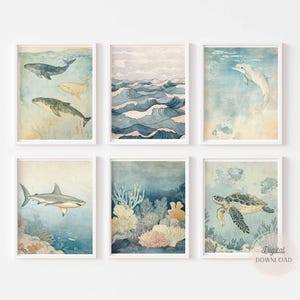 Ocean Animal Nursery Gallery Prints: Vintage Marine Life Wall Art (Set of 6) (Download)
