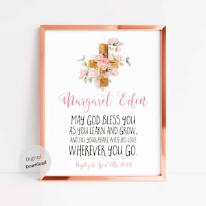 Personalisiertes Taufgeschenk Mädchen Taufe Dekorationen Taufe Karte Christian Wand Kunst Roses Kreuz Patenkind Geschenk Baby Namenssegen