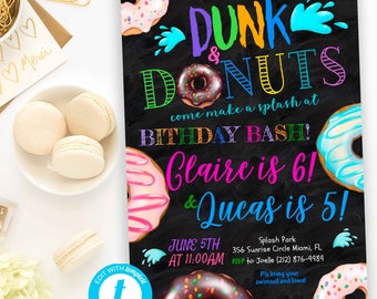 Dunk And Donuts Pool Party tableau invitation Télécharger Boy and Girl Donuts Pool Party Inviter Donuts Editable Birthday DIY Template