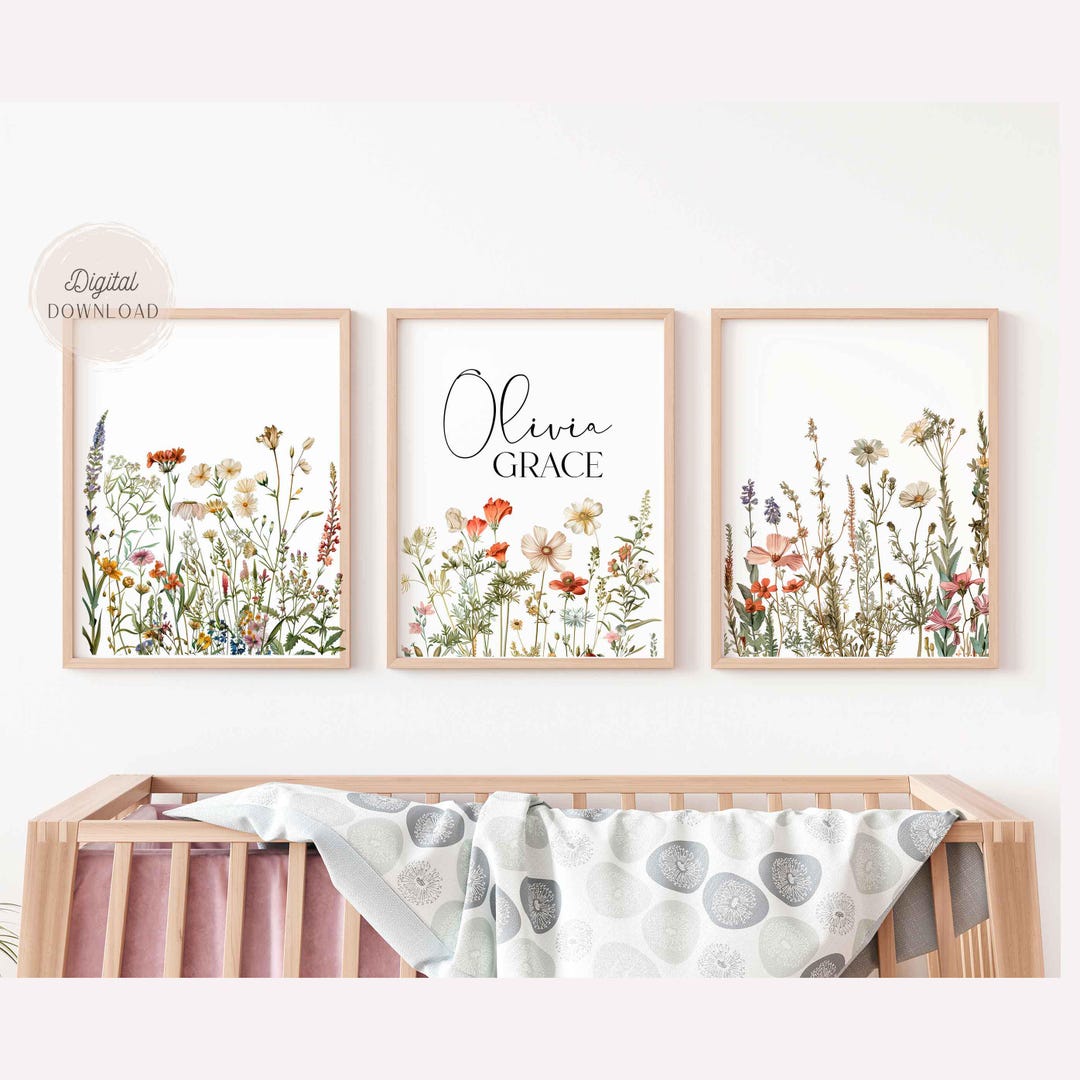 Custom Wildflowers Prints, Baby Name Print, Set of 3, Floral Nursery ...