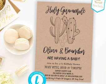 Simple Co-Ed Fiesta Baby Shower invitation template  Editable taco bout a baby Invitation Gender Neutral Kraft Cactus Invite Modern PDF