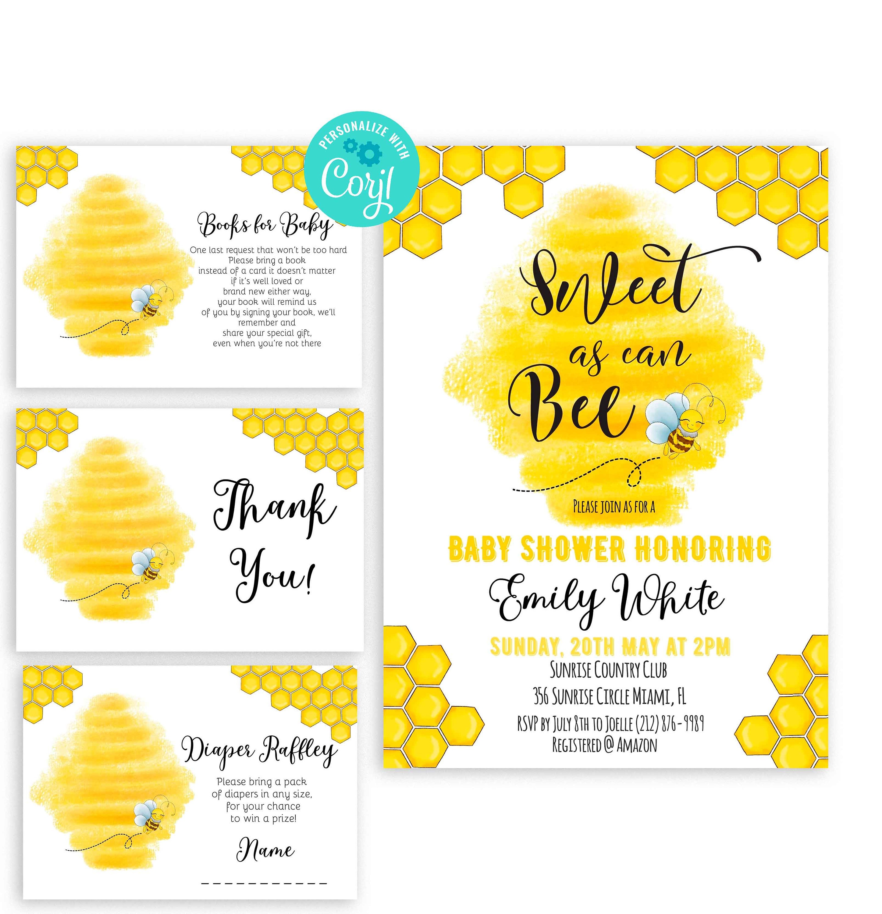 DIY Editable Template BEE Honey Bee Baby Shower Invitation Set Sweet As